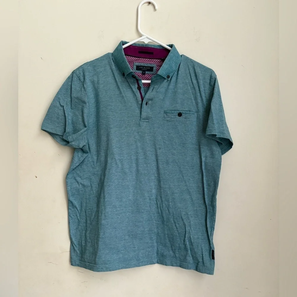 Ted Baker Polo Shirt Mens 4 Teal Cotton Short Sleeve Chest Pocket Casual